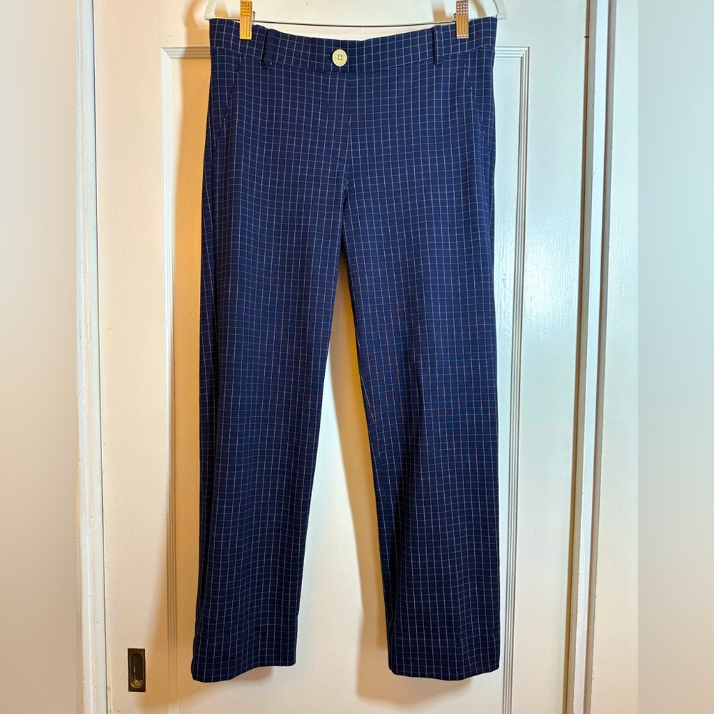 Betabrand Classic Straight Leg Dress Yoga Pants Navy Check